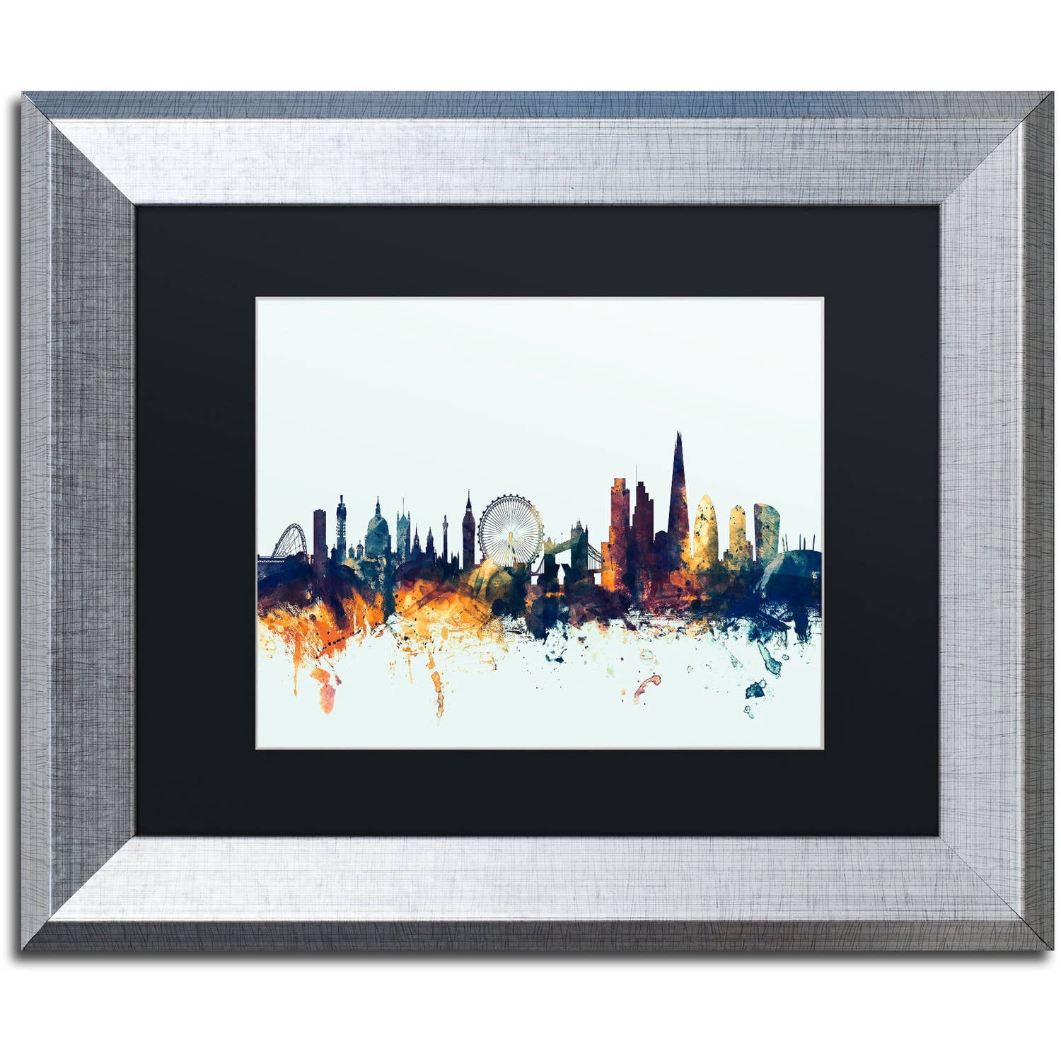 Trademark Fine Art "London England Skyline Blue" Canvas Art by Michael Tompsett, Black Matte, Silver Frame