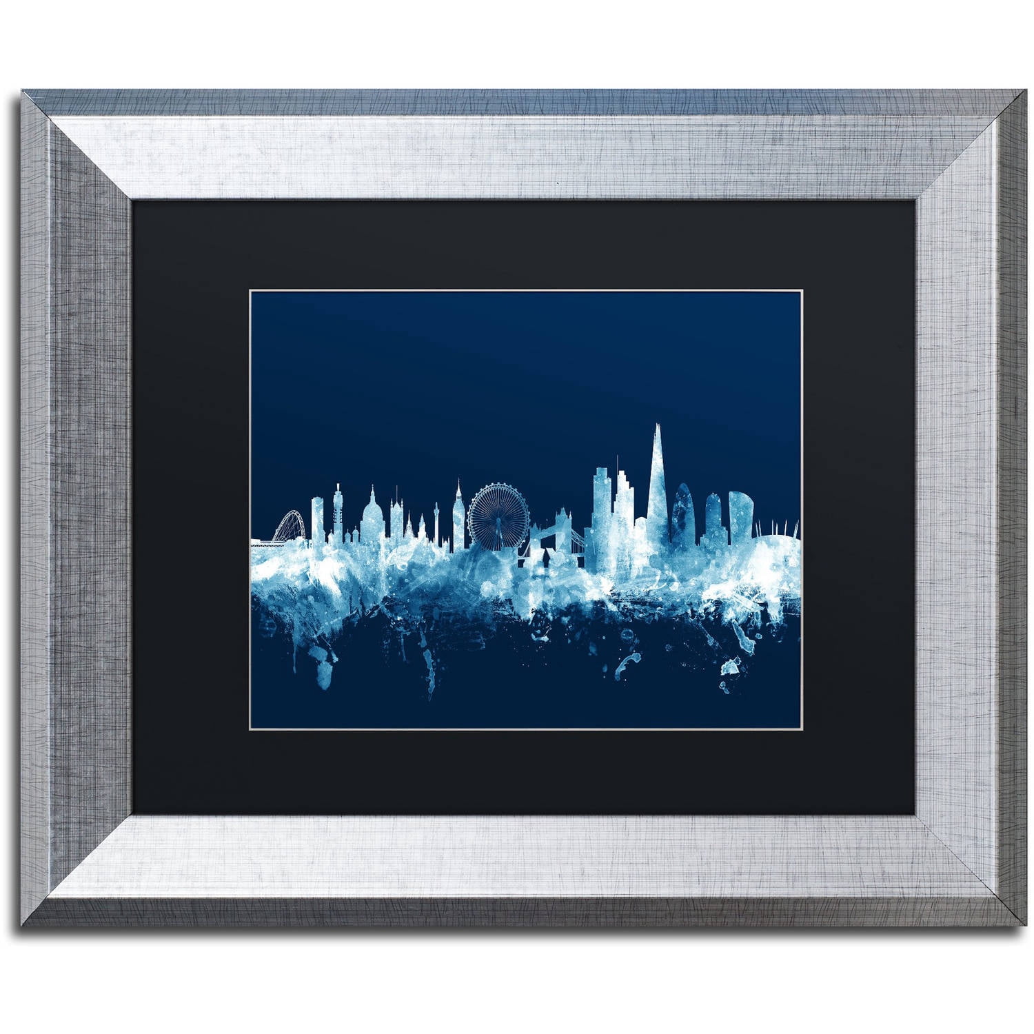 Trademark Fine Art "London England Skyline Navy" Canvas Art by Michael Tompsett, Black Matte, Silver Frame