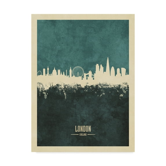 Trademark Fine Art 'London England Skyline Poster Teal' Canvas Art by Michael Tompsett