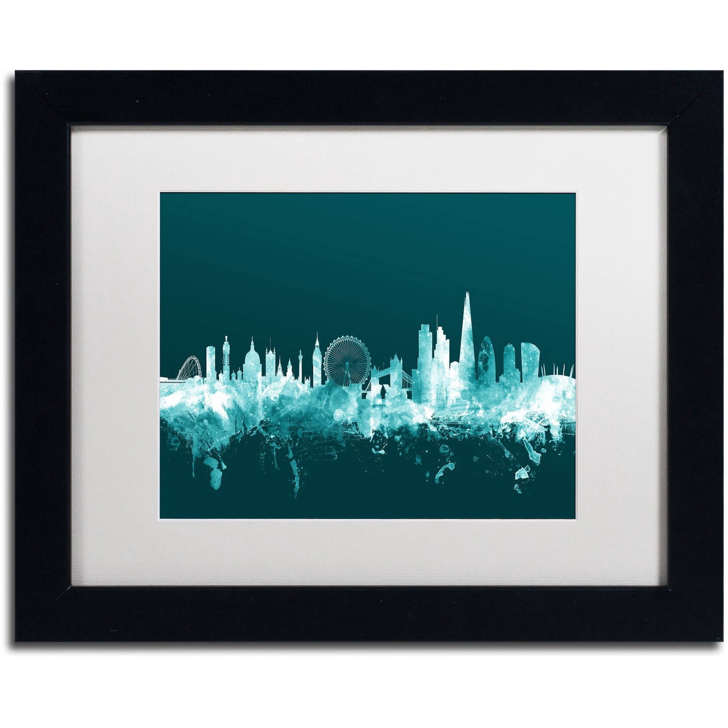 Trademark Fine Art "London England Skyline Teal" Canvas Art by Michael Tompsett, White Matte, Black Frame