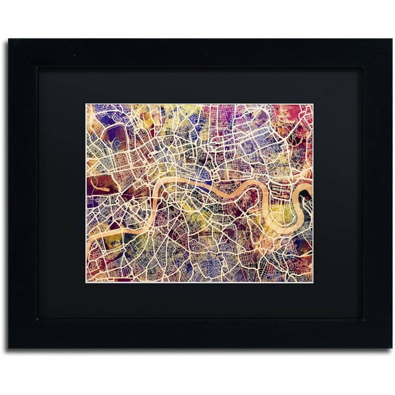 Trademark Fine Art "London England Street Map" Canvas Art by Michael Tompsett, Black Matte, Black Frame