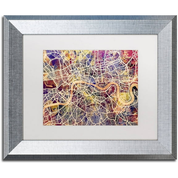 Trademark Fine Art "London England Street Map" Canvas Art by Michael Tompsett, White Matte, Silver Frame