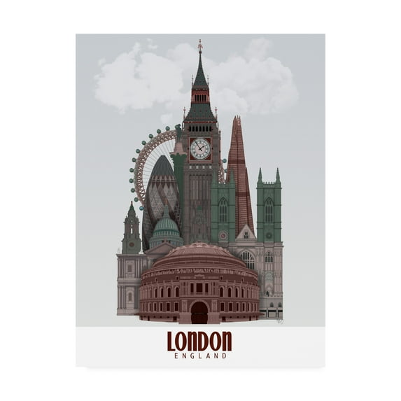 Trademark Fine Art 'London in Clouds Red and Green' Canvas Art by Fab Funky