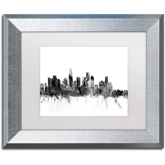 Trademark Fine Art "Los Angeles CA Skyline B&W" Canvas Art by Michael Tompsett, White Matte, Silver Frame
