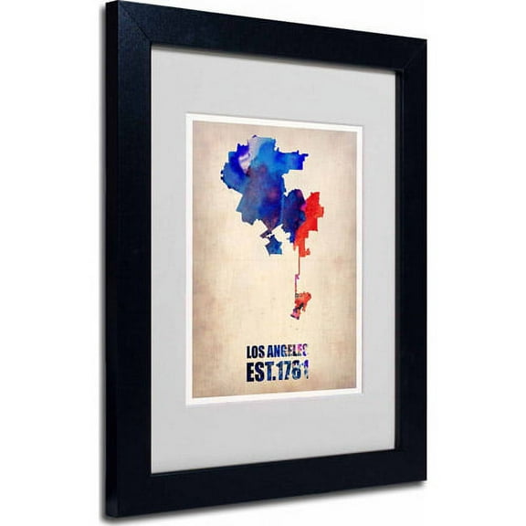 Trademark Fine Art "Los Angeles Watercolor Map 2" Matted Framed Art by Naxart, Black Frame