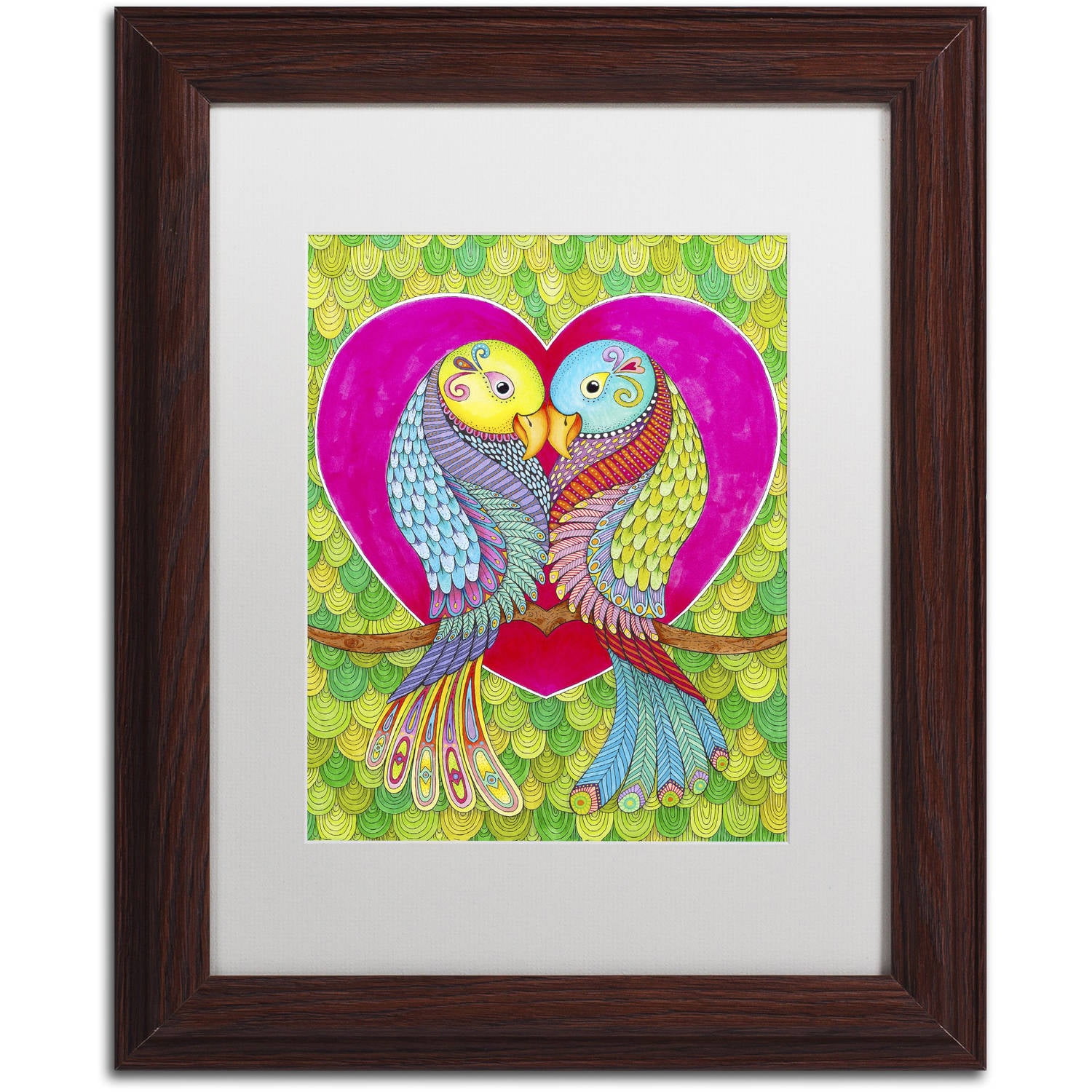 Colorful Lovebirds Abstract Canvas Art with White Wood Frame