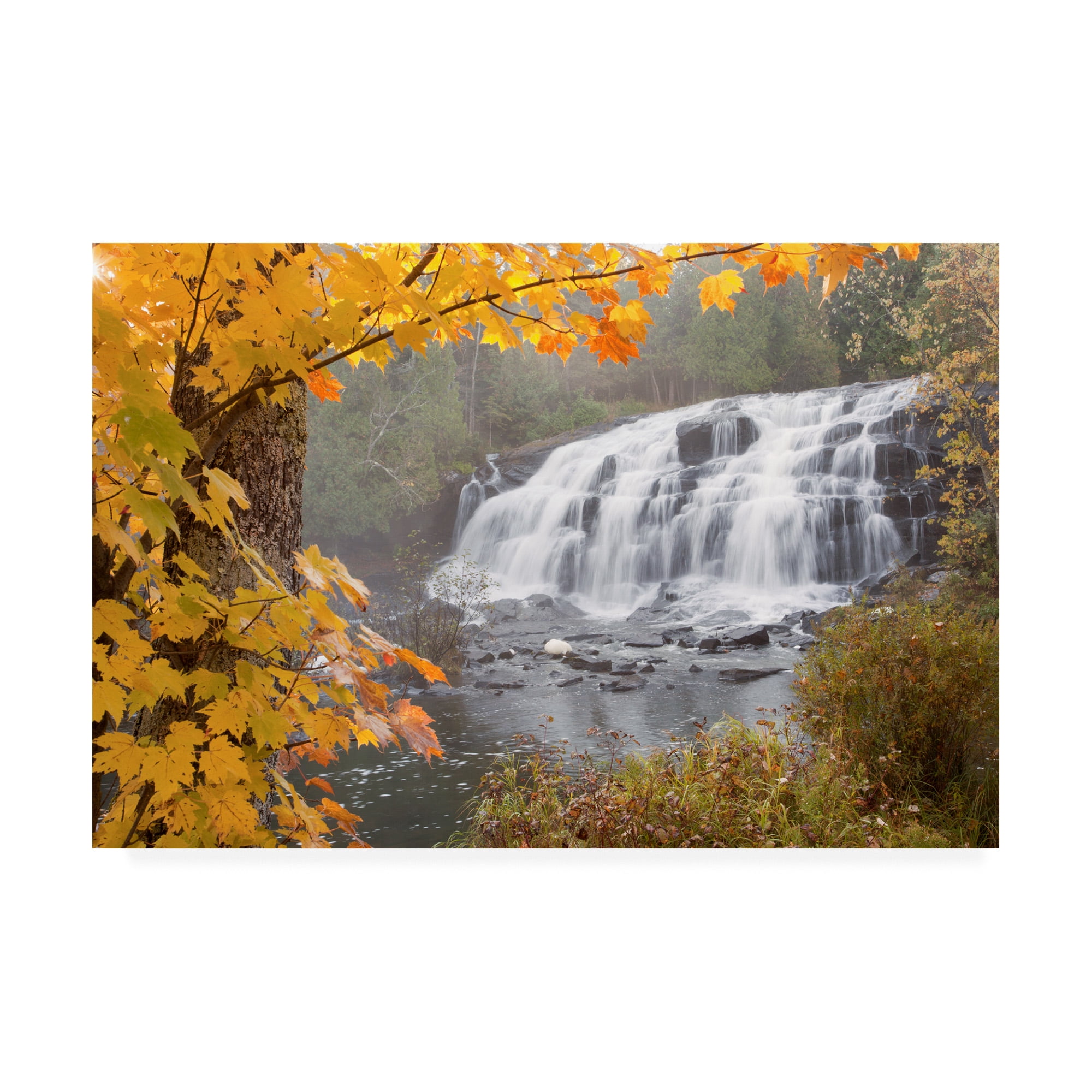 Autumn Waterfall Landscape Canvas Print with Yellow Leaves