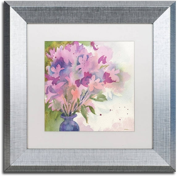 Trademark Fine Art "Magenta Blossoms in Blue Vase" Canvas Art by Sheila Golden, White Matte, Silver Frame
