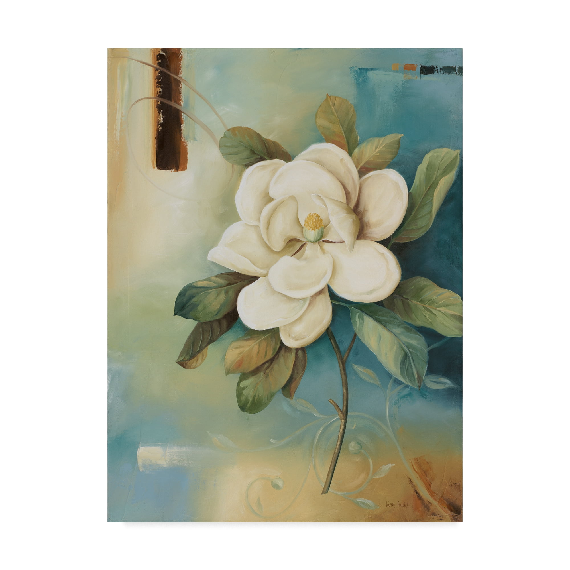 Magnolia Abstract White Flower on Blue and Beige Canvas