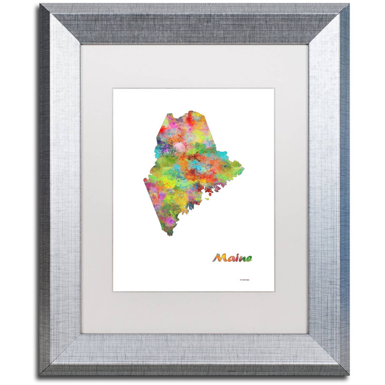 Trademark Fine Art "Maine State Map-1" Canvas Art by Marlene Watson, White Matte, Silver Frame