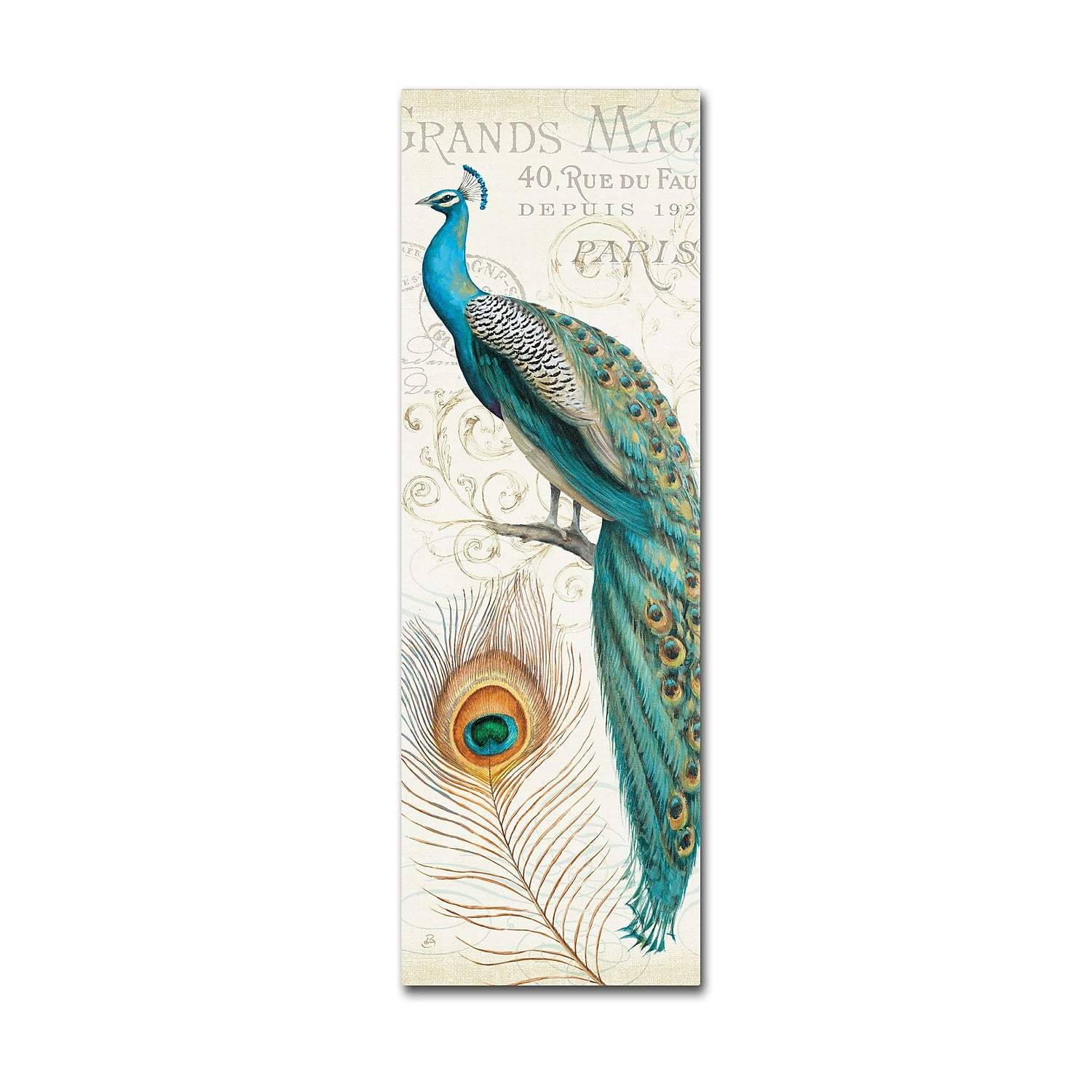 Majestic Peacock Canvas Art in Blue and Beige