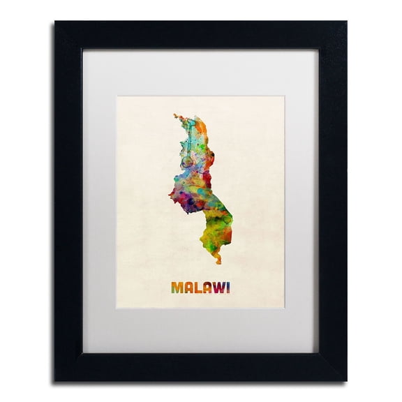Trademark Fine Art "Malawi Watercolor Map" Canvas Art by Michael Tompsett, White Matte, Black Frame