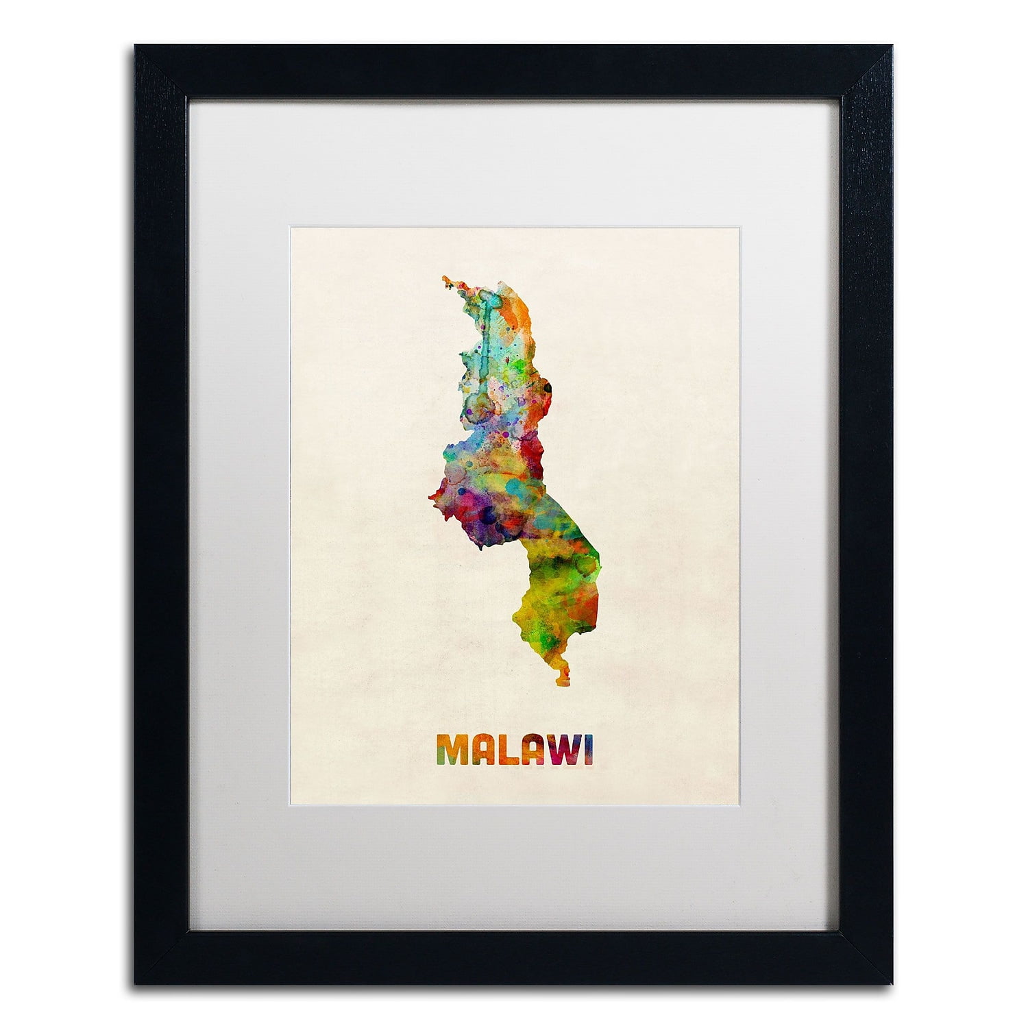 Trademark Fine Art "Malawi Watercolor Map" Canvas Art by Michael Tompsett, White Matte, Black Frame