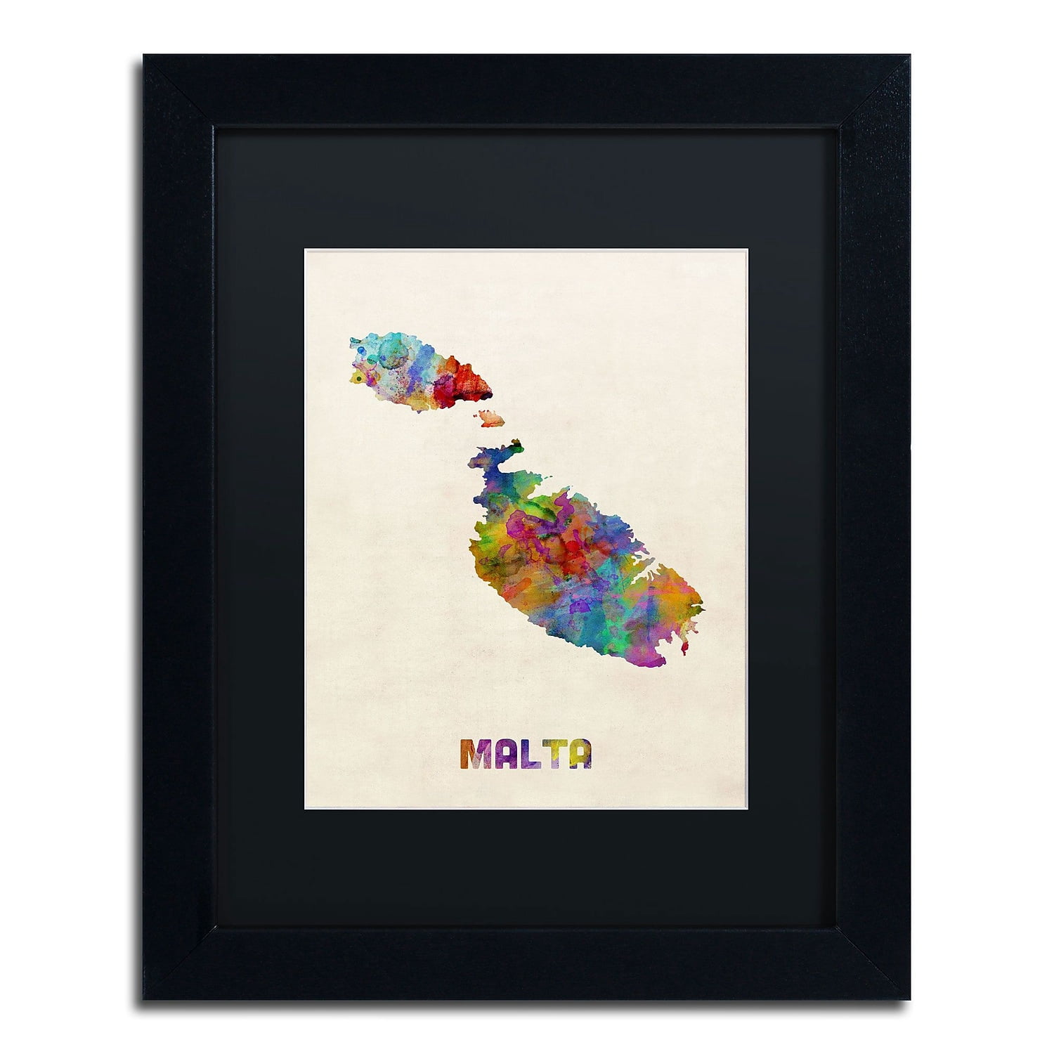 Trademark Fine Art "Malta Watercolor Map" Canvas Art by Michael Tompsett, Black Matte, Black Frame
