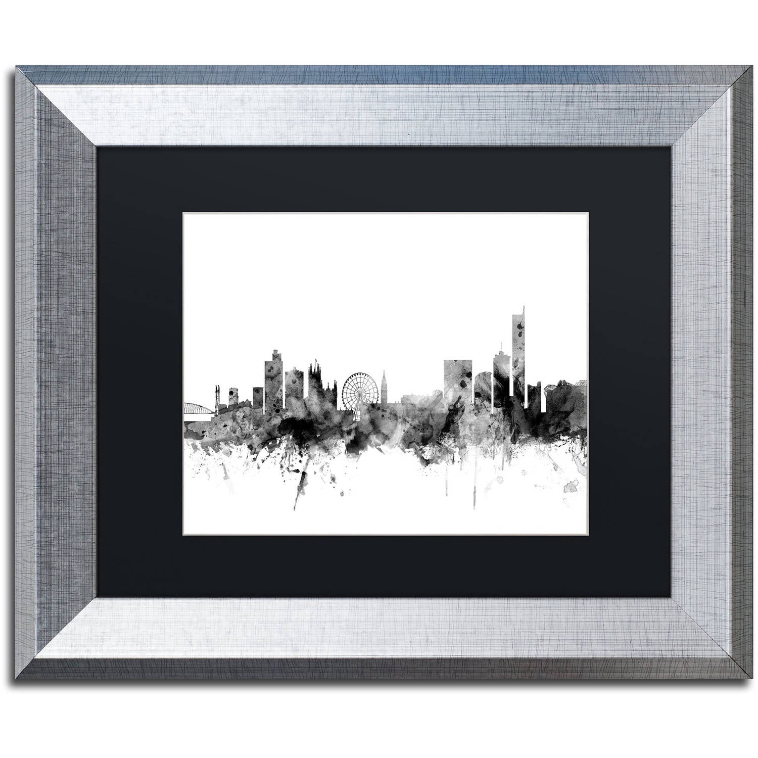 Trademark Fine Art "Manchester England Skyline B&W" Canvas Art by Michael Tompsett, Black Matte, Silver Frame