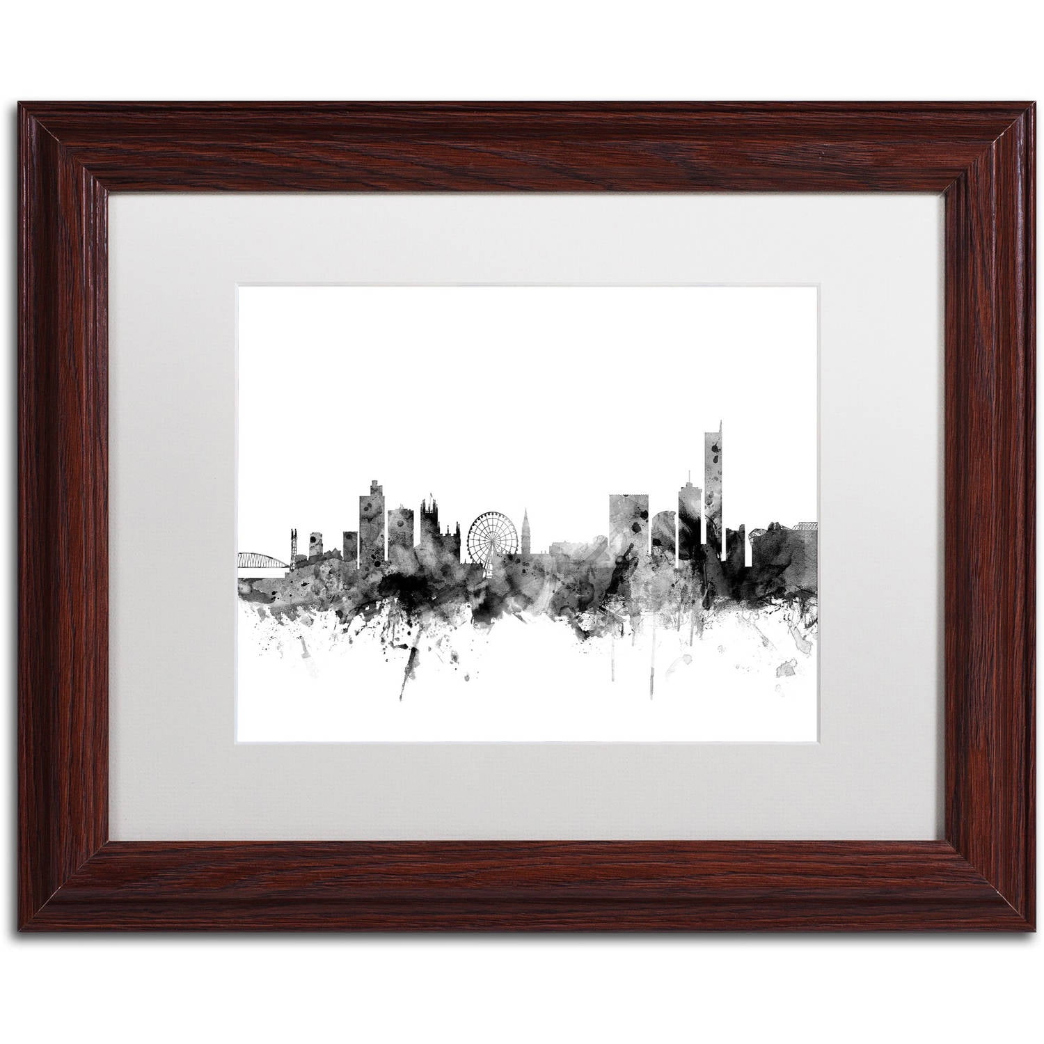 Trademark Fine Art "Manchester England Skyline B&W" Canvas Art by Michael Tompsett, White Matte, Wood Frame