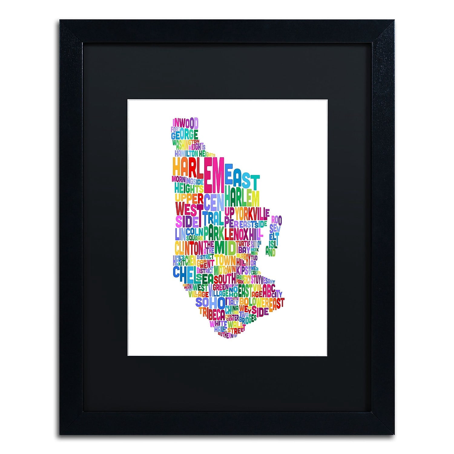 Trademark Fine Art 'Manhattan New York Typography Map' Canvas Art by Michael Tompsett, Black Matte, Black Frame