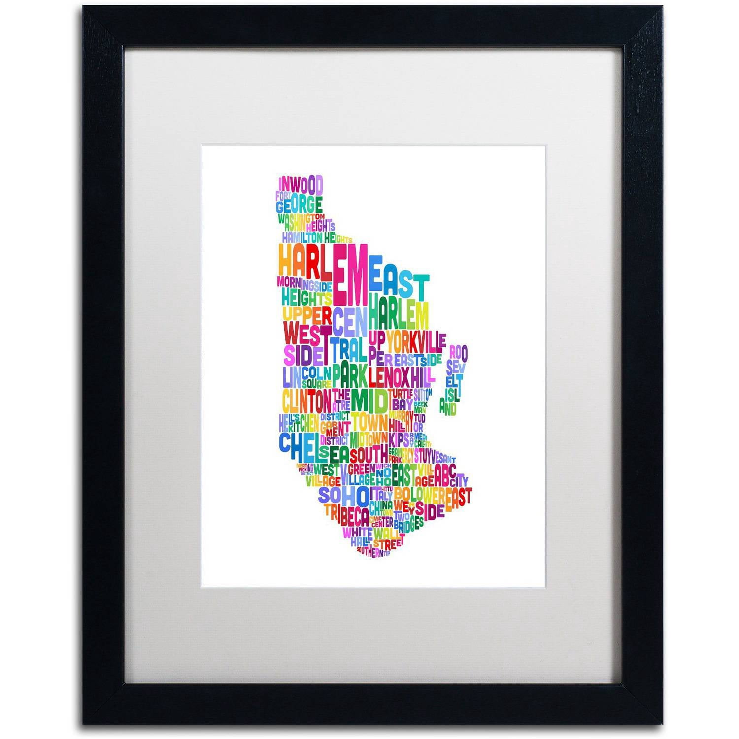 Trademark Fine Art 'Manhattan New York Typography Map' Canvas Art by Michael Tompsett, White Matte, Black Frame