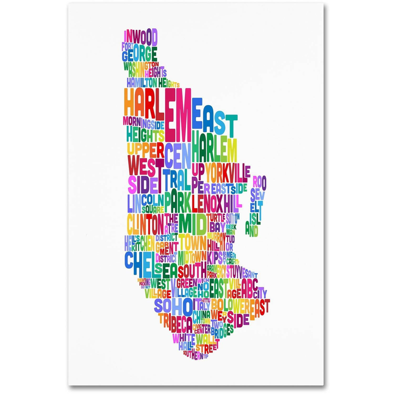 Trademark Fine Art "Manhattan New York Typography Text Map" Canvas Art by Michael Tompsett