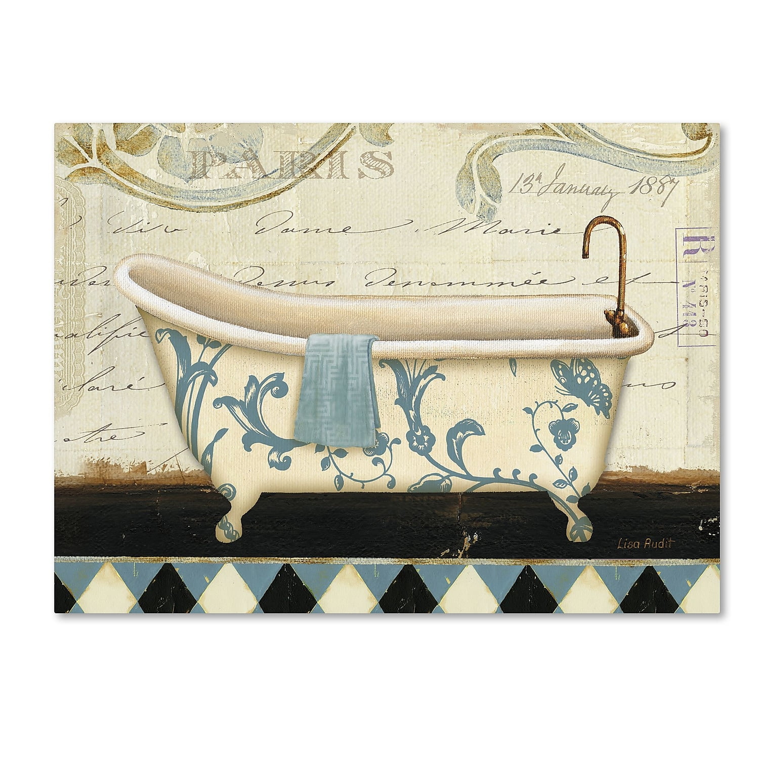 Vintage Clawfoot Bathtub Canvas Art in Blue and Beige