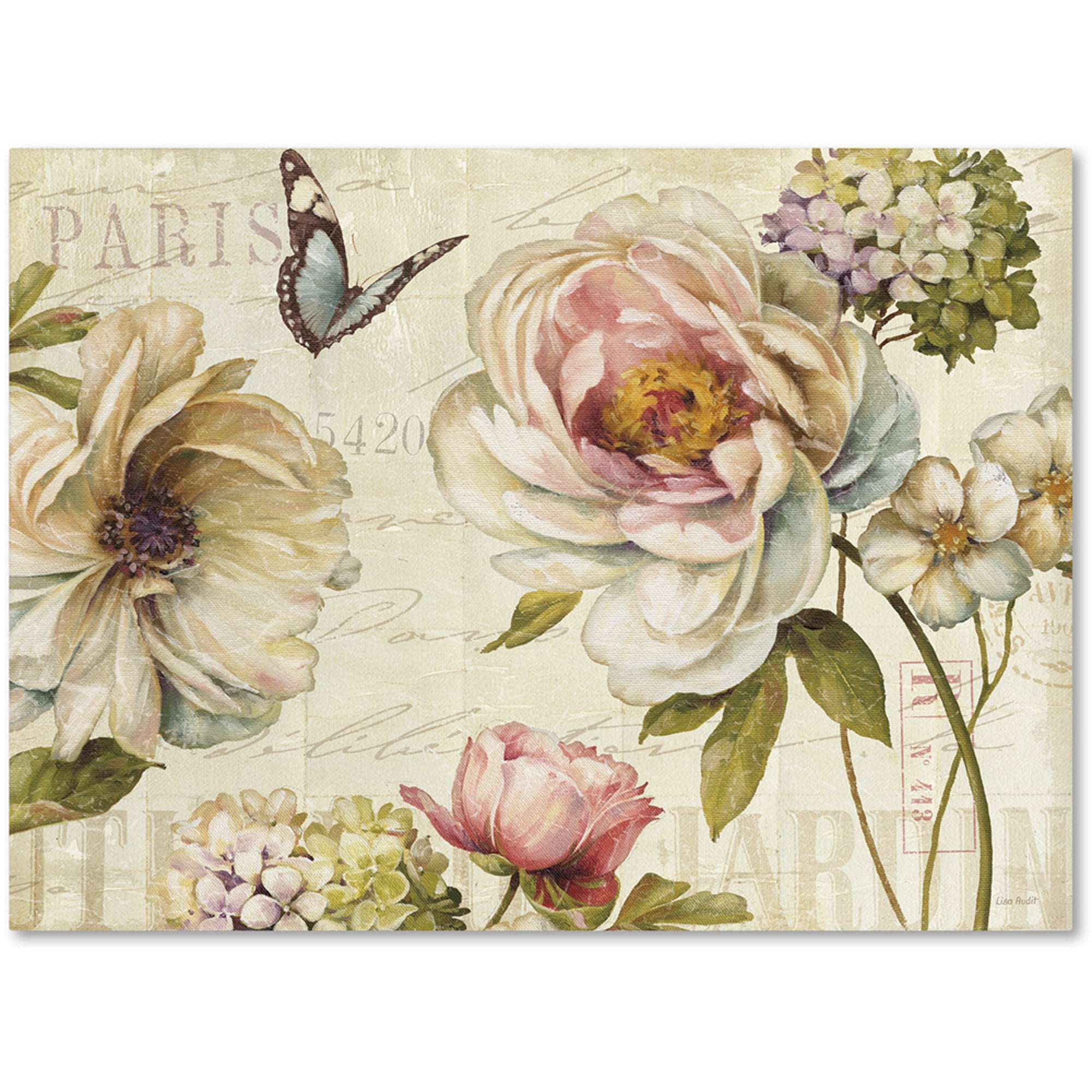 Floral Landscape Canvas Art with Butterfly in Pastel Colors