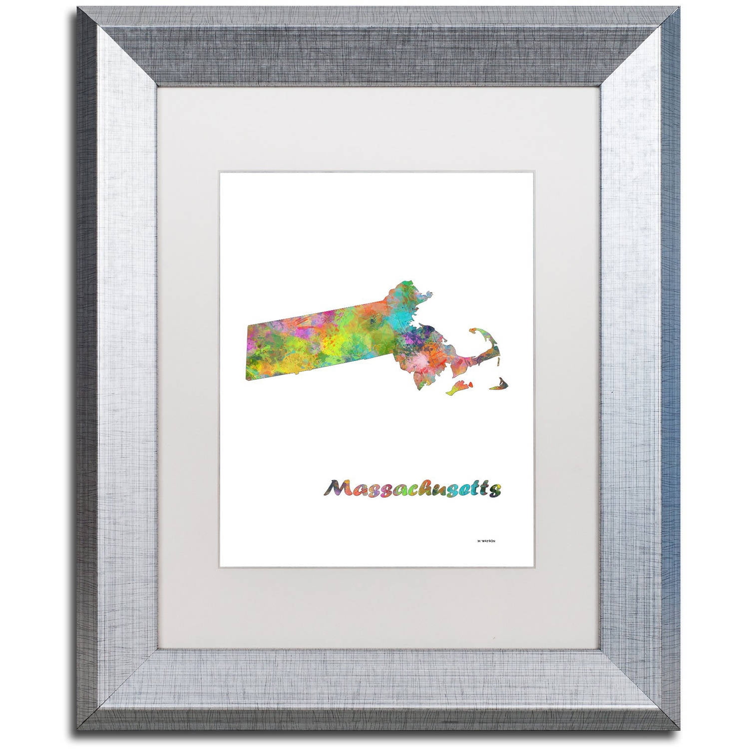 Trademark Fine Art "Massachusetts State Map-1" Canvas Art by Marlene Watson, White Matte, Silver Frame
