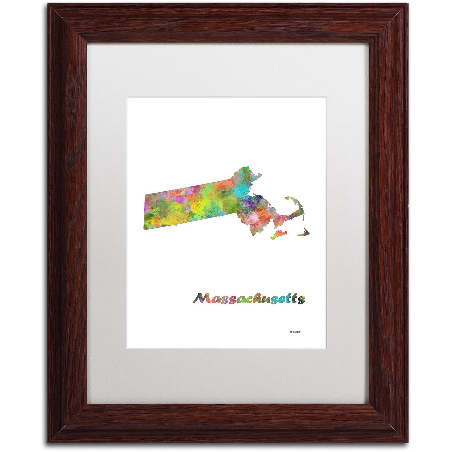 Trademark Fine Art "Massachusetts State Map-1" Canvas Art by Marlene Watson, White Matte, Wood Frame