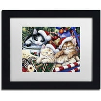 Trademark Fine Art 'Meowy Christmas 2' Canvas Art by Jenny Newland, White Matte, Black Frame