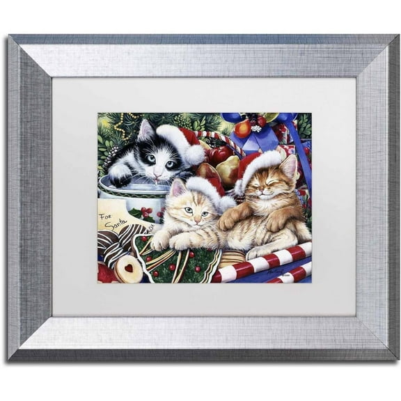 Trademark Fine Art 'Meowy Christmas 2' Canvas Art by Jenny Newland, White Matte, Silver Frame