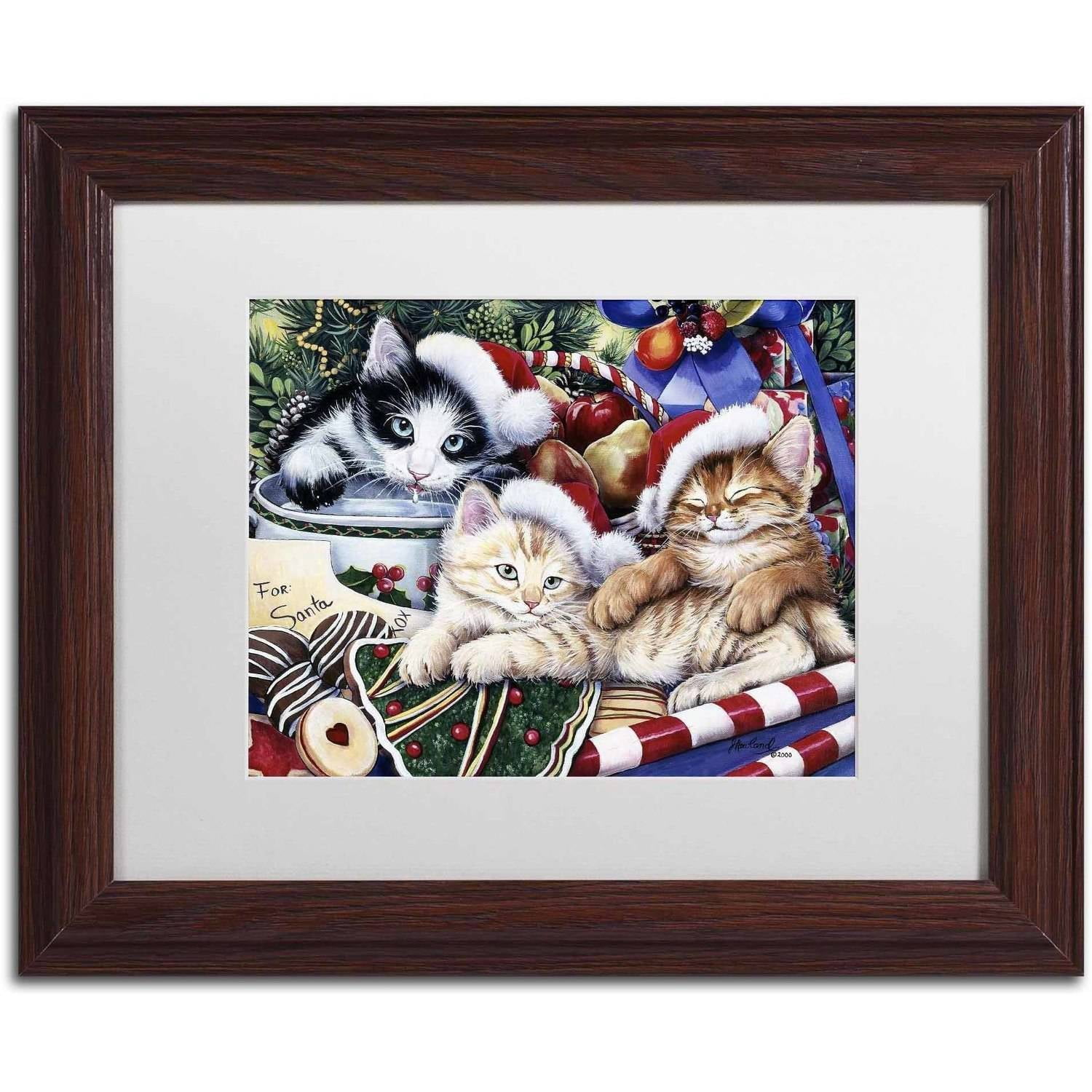 Trademark Fine Art 'Meowy Christmas 2' Canvas Art by Jenny Newland, White Matte, Wood Frame