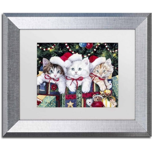 Trademark Fine Art 'Meowy Christmas' Canvas Art by Jenny Newland, White Matte, Silver Frame