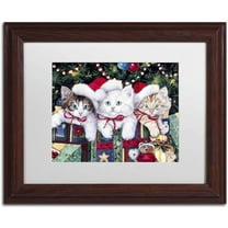 Trademark Fine Art 'Meowy Christmas' Canvas Art by Jenny Newland, White Matte, Wood Frame