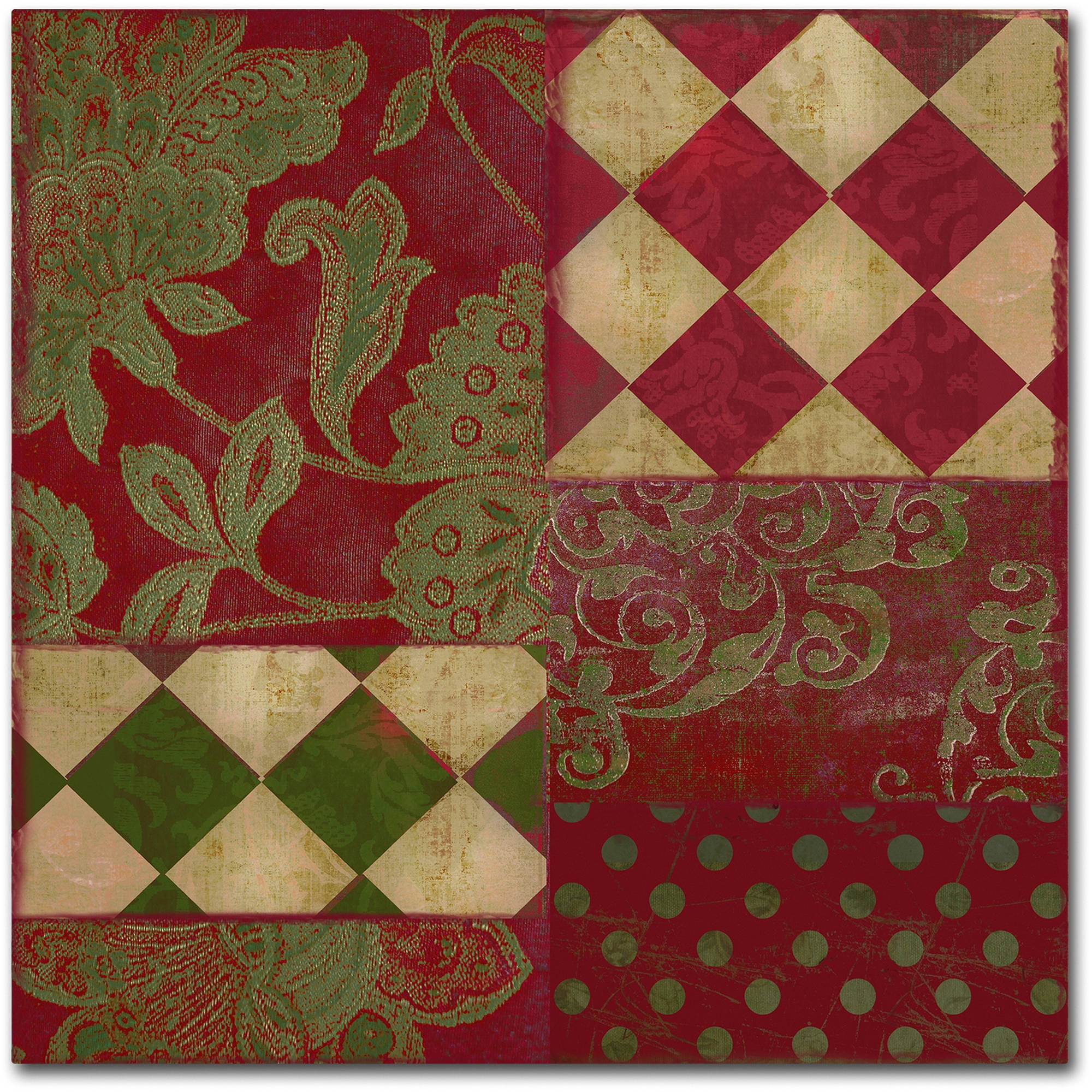 Merry Christmas Patchwork II Red Green Watercolor Canvas Art