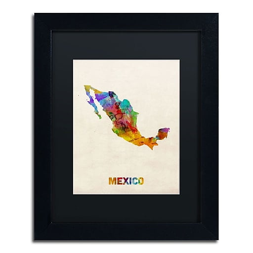 Trademark Fine Art "Mexico Watercolor Map" Canvas Art by Michael Tompsett, Black Matte, Black Frame