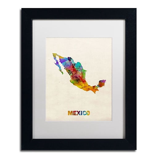 Trademark Fine Art "Mexico Watercolor Map" Canvas Art by Michael Tompsett, White Matte, Black Frame