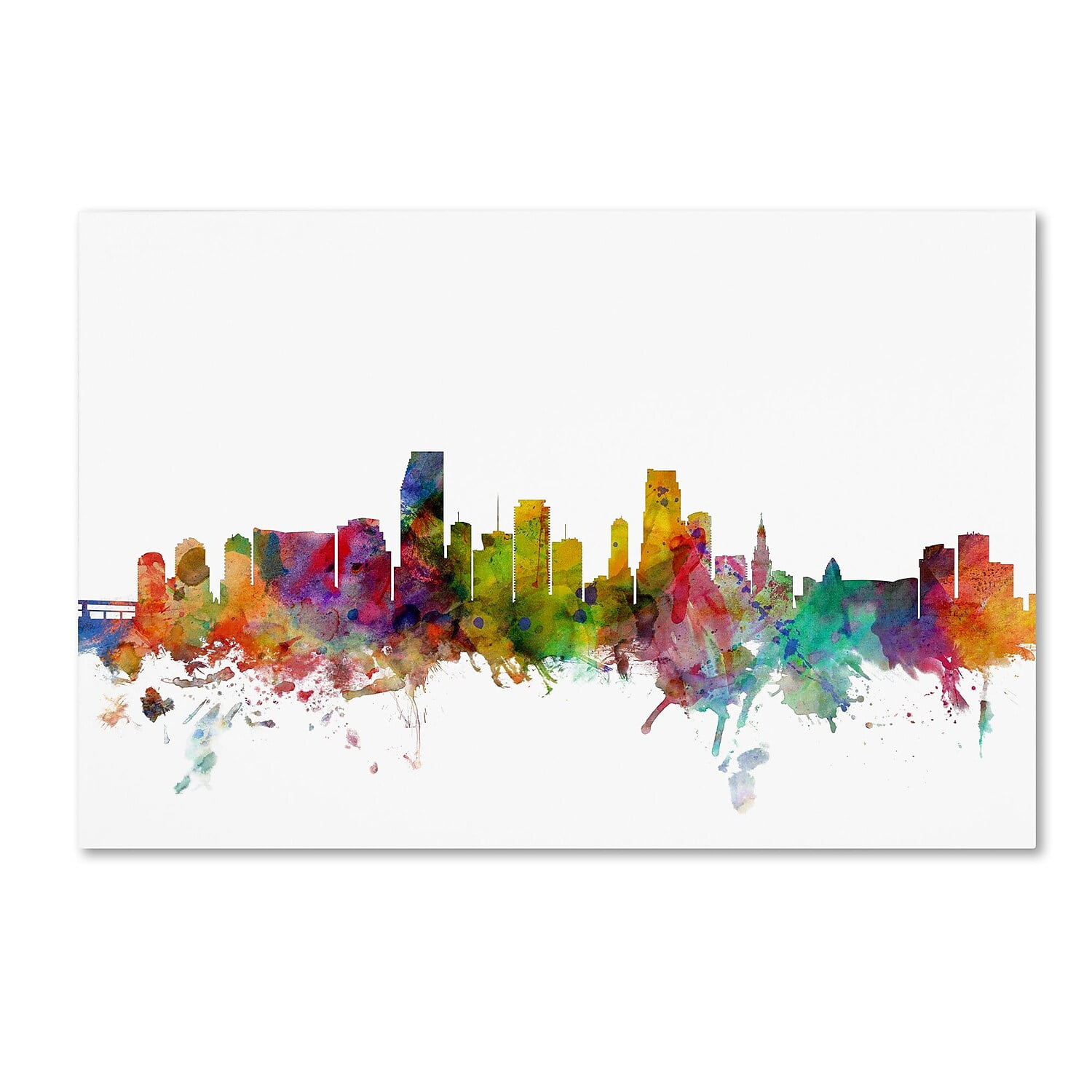Colorful Watercolor Miami Skyline Canvas Art, 16" x 24"
