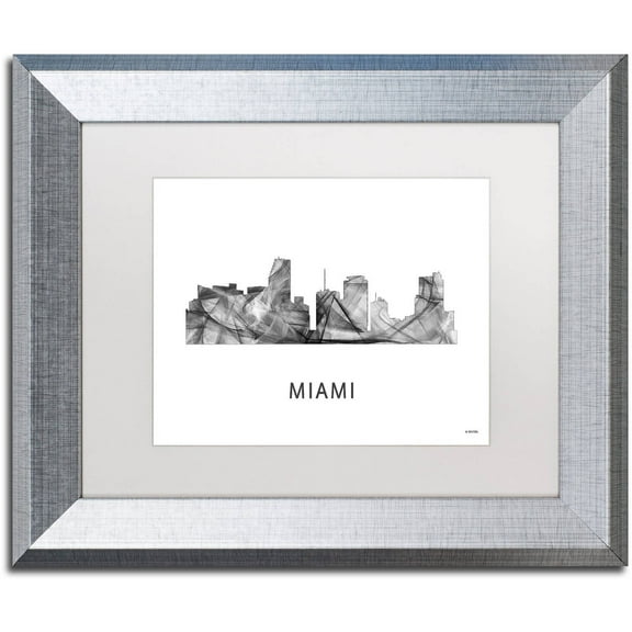 Trademark Fine Art 'Miami Florida Skyline WB-BW' Canvas Art by Marlene Watson, White Matte, Silver Frame