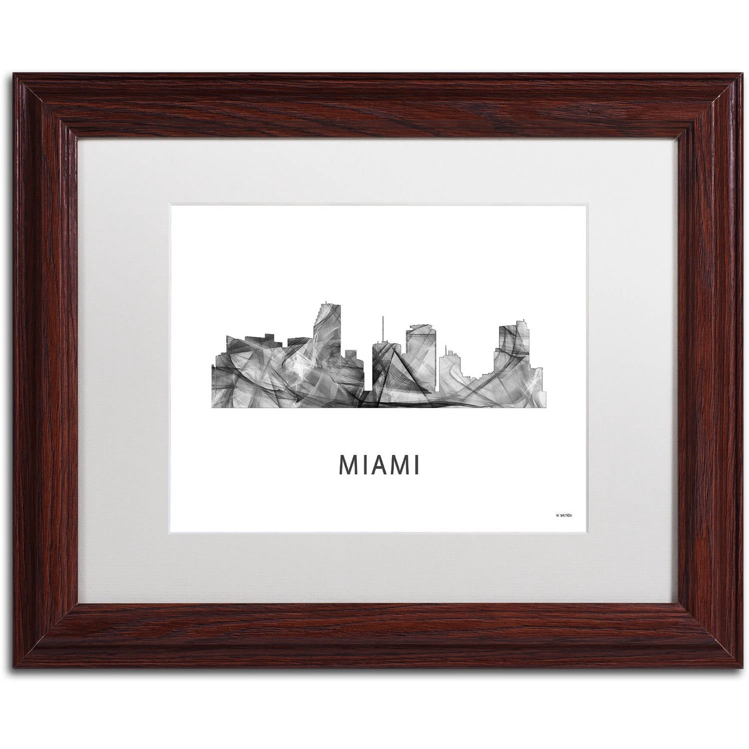 Trademark Fine Art 'Miami Florida Skyline WB-BW' Canvas Art by Marlene Watson, White Matte, Wood Frame