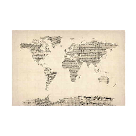 Trademark Fine Art Michael Tompsett Old Sheet Music World Map Canvas Wall Art - 30x47