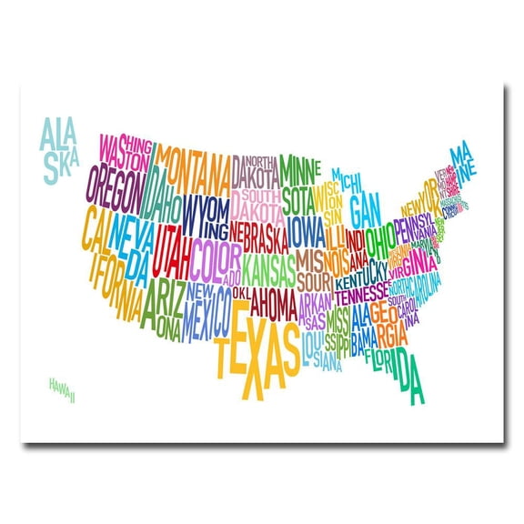 Trademark Fine Art Michael Tompsett 'US States Text Map' Canvas Art 22x32 Inches