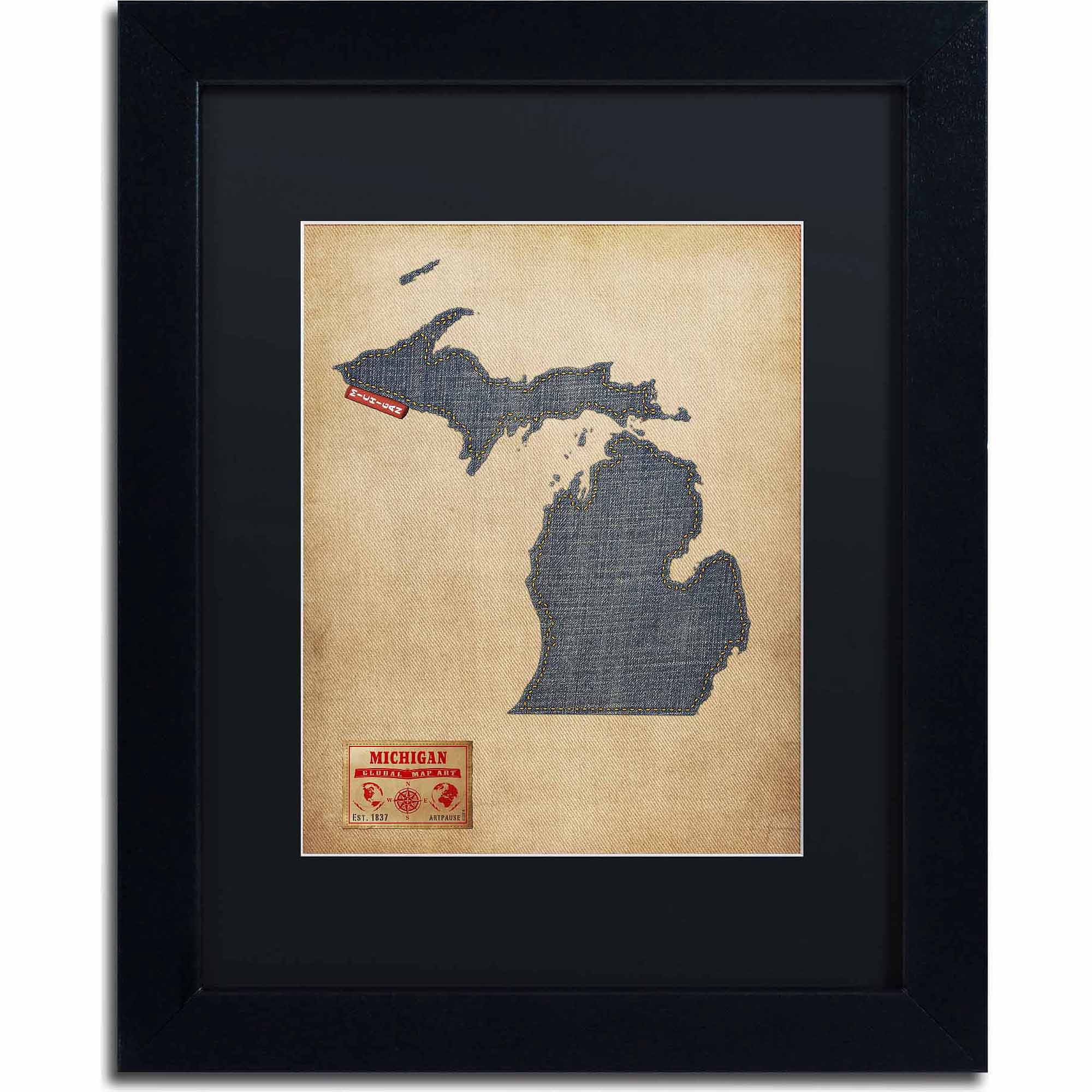 Trademark Fine Art "Michigan Map Denim Jeans Style" Canvas Art by Michael Tompsett, Black Matte, Black Frame