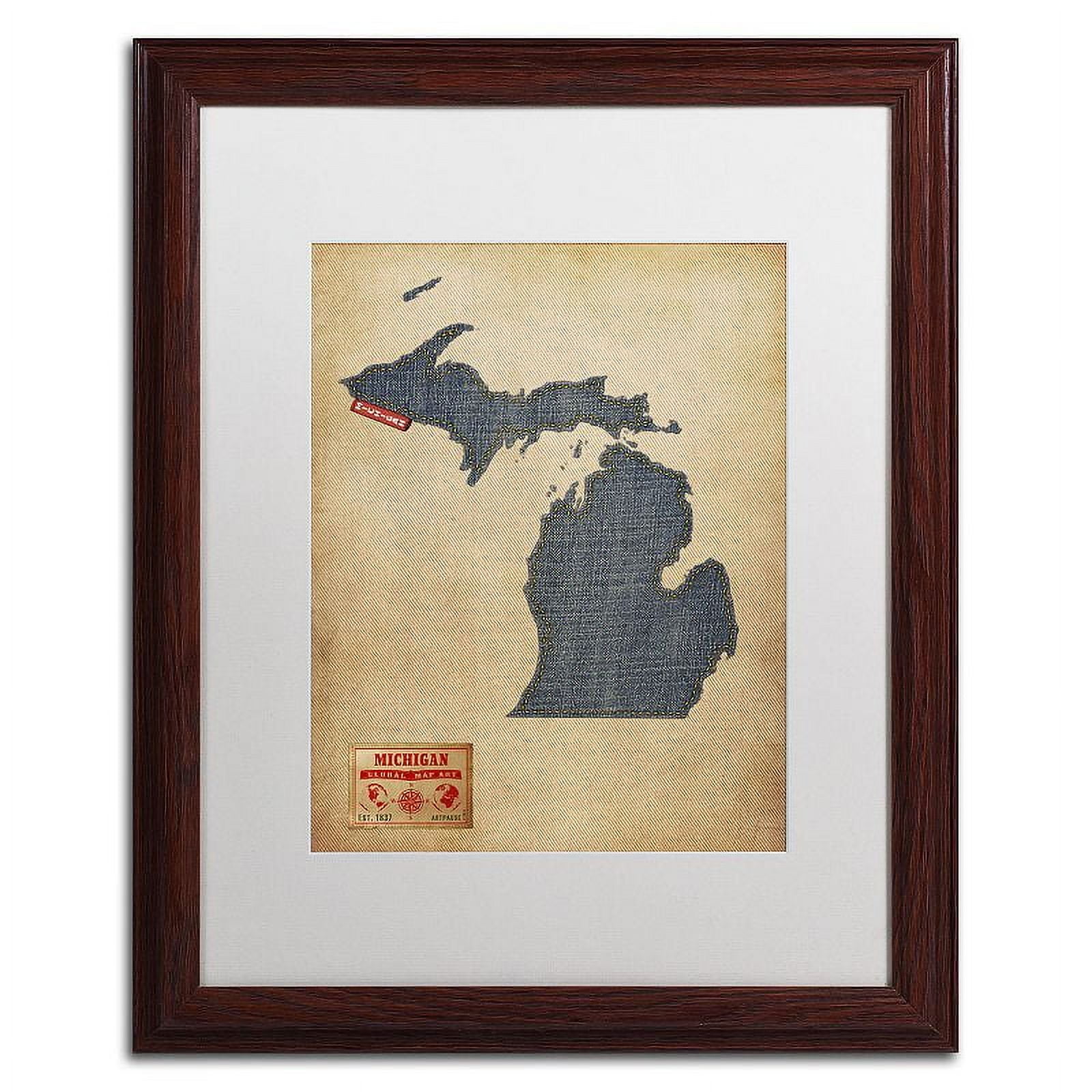 Trademark Fine Art "Michigan Map Denim Jeans Style" Canvas Art by Michael Tompsett, White Matte, Wood Frame