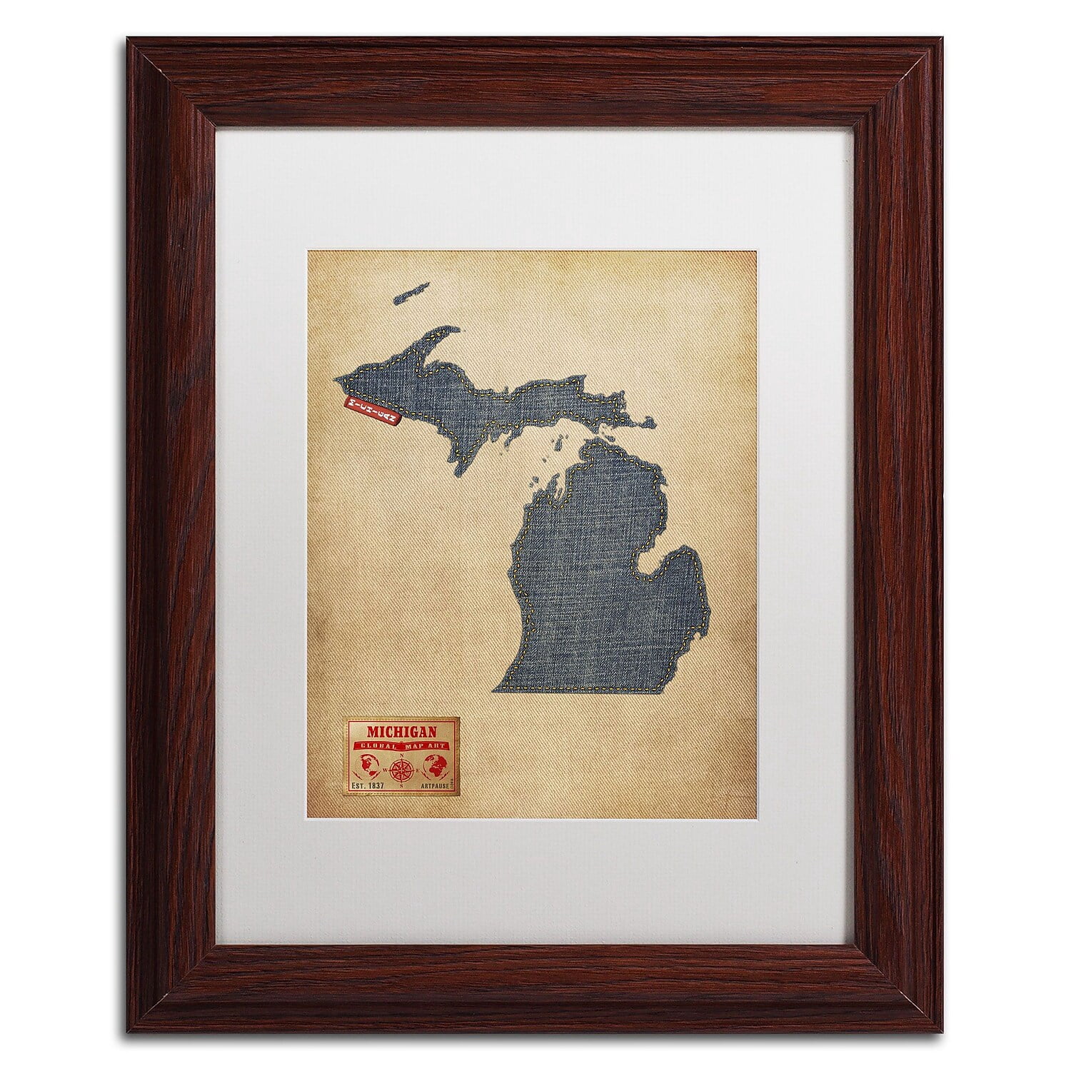 Trademark Fine Art "Michigan Map Denim Jeans Style" Canvas Art by Michael Tompsett, White Matte, Wood Frame