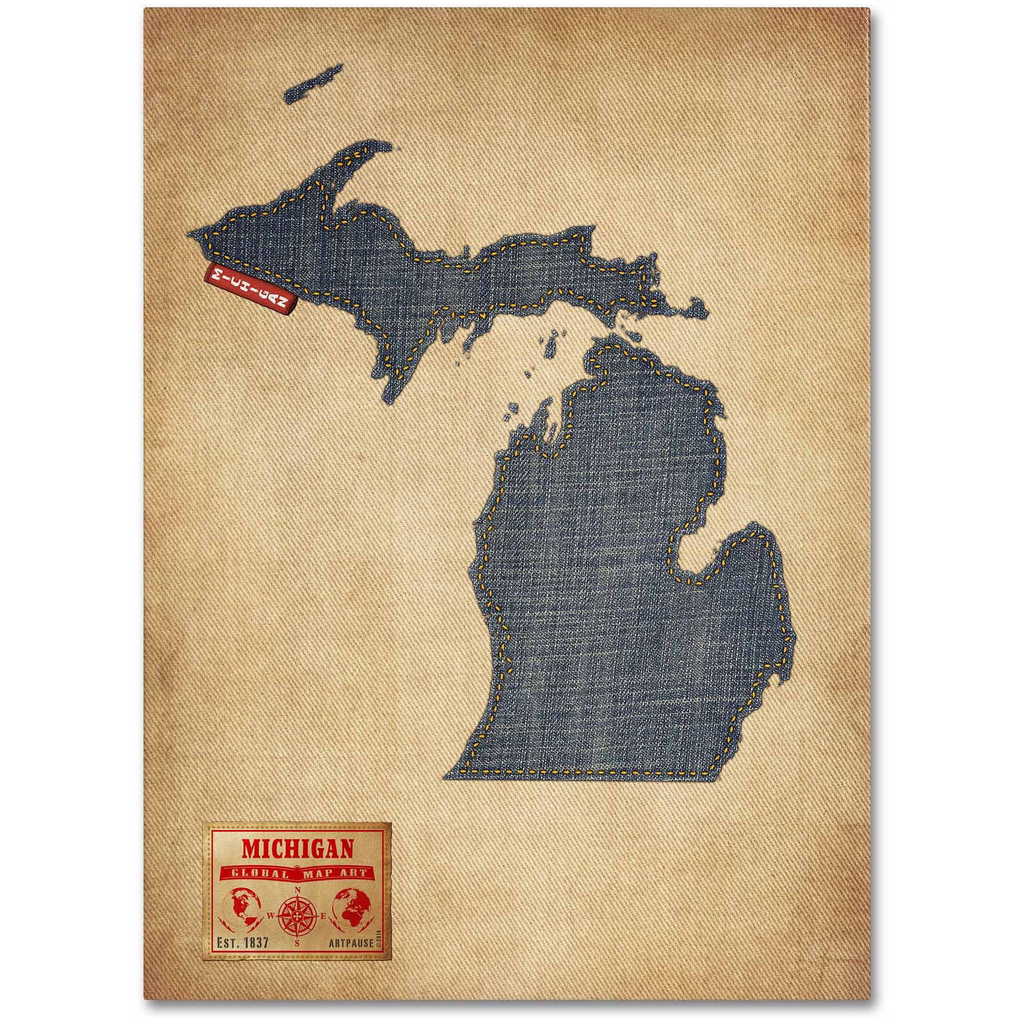 Michigan Map Denim Style Canvas Art Print, 36" x 25"