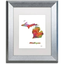 Trademark Fine Art "Michigan State Map-1" Canvas Art by Marlene Watson, White Matte, Silver Frame