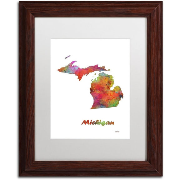 Trademark Fine Art "Michigan State Map-1" Canvas Art by Marlene Watson, White Matte, Wood Frame