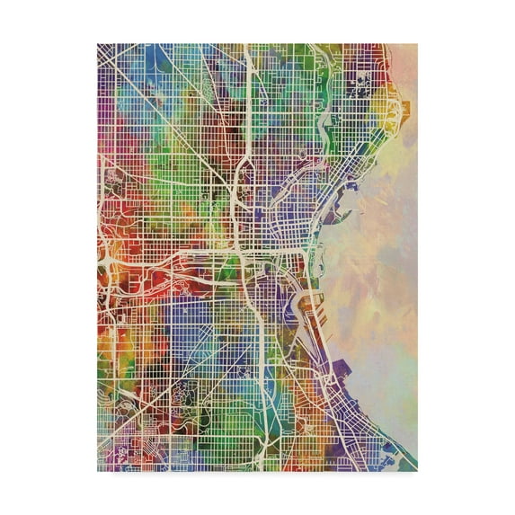 Trademark Fine Art 'Milwaukee Wisconsin City Watercolor Map' Canvas Art by Michael Tompsett