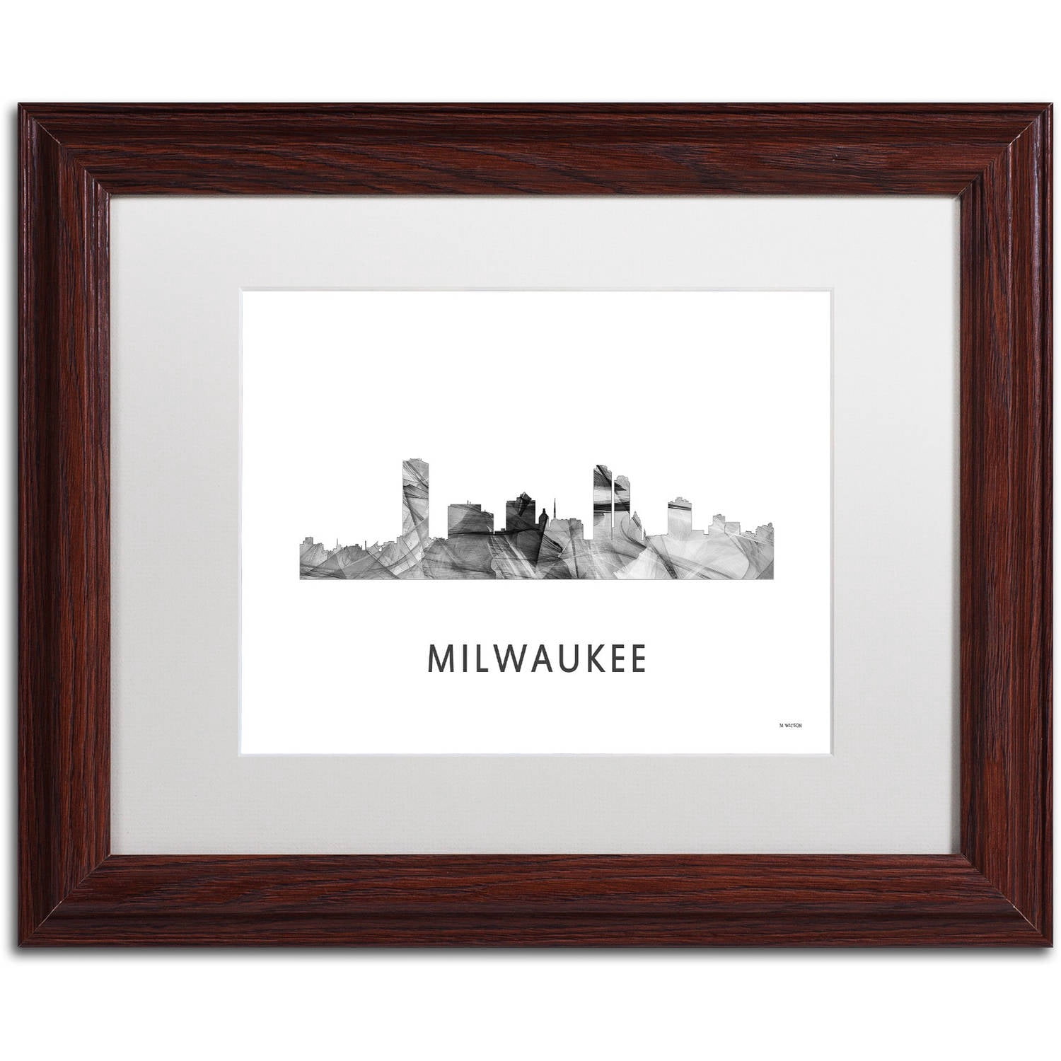 Trademark Fine Art 'Milwaukee Wisconsin Skyline WB-BW' Canvas Art by Marlene Watson, White Matte, Wood Frame