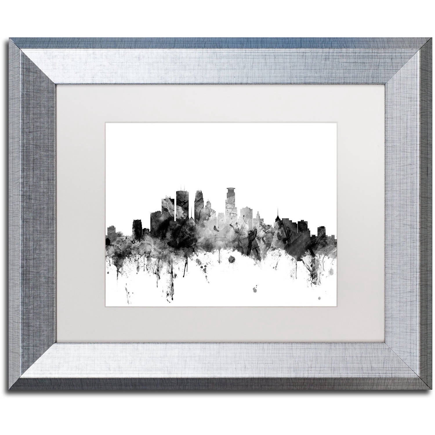 Trademark Fine Art "Minneapolis MN Skyline B&W" Canvas Art by Michael Tompsett, White Matte, Silver Frame