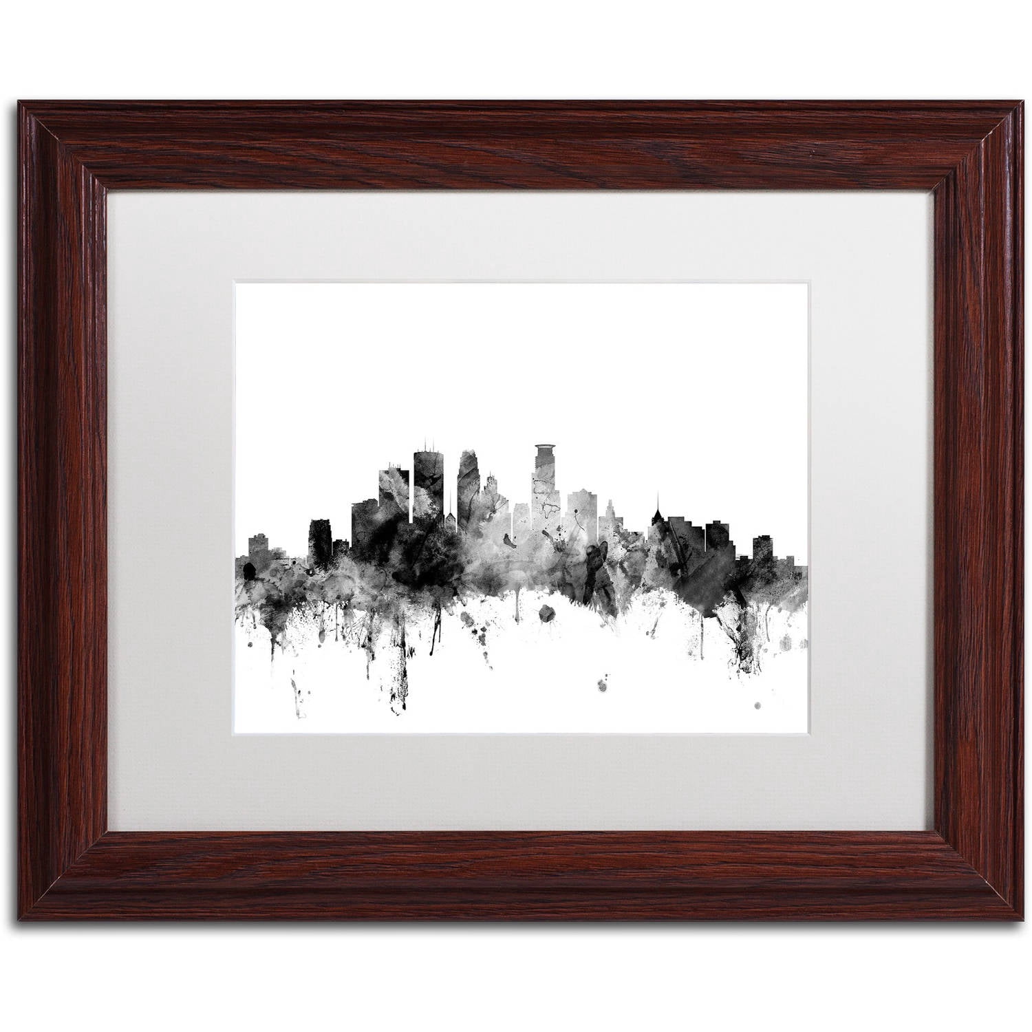 Trademark Fine Art "Minneapolis MN Skyline B&W" Canvas Art by Michael Tompsett, White Matte, Wood Frame